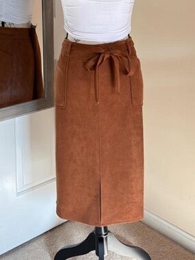 NYCC Brown Faux Suede Midi Skirt with Tie Waist